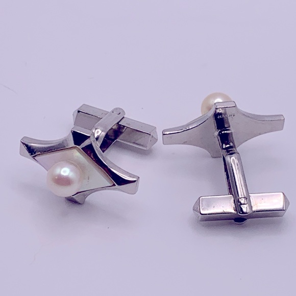 💝 Modernist Sterling Silver Genuine Pearl Cufflinks - Picture 4 of 4